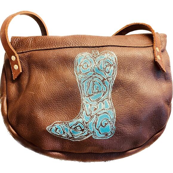 Leather crossbody handbag with painted floral cowboy boot in teal and silver. - Picture 3 of 7